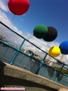 Olympic coloured balloons on Tower Bridge