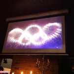 The Olympic rings in the Opening Ceremony, as seen from a pub in N1.