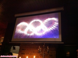 The Olympic rings in the Opening Ceremony, as seen from a pub in N1.